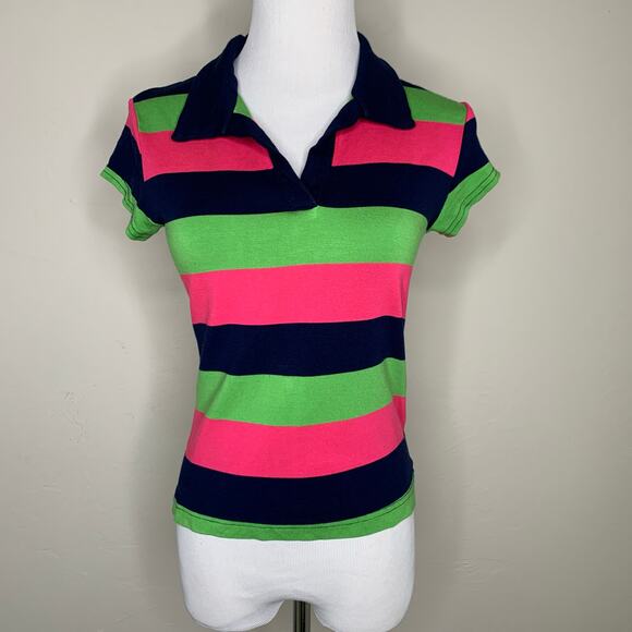 Girl Power Y2k Baby Tee Polo Stripe Pink Lime Green Blue Sz XS - Picture 1 of 7